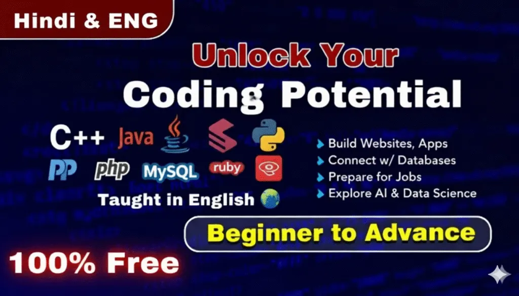 Unlock your coding potential with this all-in-one course covering the top 10 programming languages: C, C++, Java, JavaScript, SQL, MySQL, Python, Ruby, and PHP — all taught in English for global accessibility 🌍.