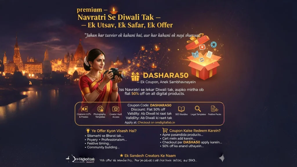 🪔 Navratri Se Diwali Tak — Ek Utsav, Ek Safar, Ek Offer “Jahan har tasveer ek kahani hai, aur har kahani ek nayi shuruaat.” Festivals are not just about lights and rituals — they are about renewal, expression, and growth. Om Digital Lab, Sitamarhi se Bharat tak, aapke liye lekar aaya hai ek aisa offer jo sirf discount nahi, ek creative revolution hai. 🎁 DASHARA50 — Ek Coupon, Anek Sambhavnayein Iss Navratri se lekar Diwali tak, aapko mil raha hai flat 50% off on all digital products. Chahe aap ek wedding filmmaker ho, ek budding photographer, ya ek digital creator — yah offer har kisi ke liye hai jo apne sapno ko sajana chahta hai. Coupon Code: DASHARA50 Discount: Flat 50% off Validity: Ab Diwali ki raat tak Apply at: Checkout on omdigitallab.in 📦 Offer Mein Kya-Kya Shamil Hai? श्रेणी विवरण 🎬 Cinematic LUTs & Presets Apne wedding films ko cinematic poetry mein badliyein 📸 Photography Templates Album layouts, branding kits, aur printable designs 📚 Creator Vault Access Reels, captions, courses, plugins, aur ek private community 🔍 SEO Bundles Metadata kits, local ranking guides, aur festive optimization packs 🧾 Legal Templates GST-ready contracts, service agreements, aur ethical publishing docs 🪔 Festive Packs Navratri reels, poetic captions, aur culturally rooted content kits 💡 Ye Offer Kyon Vishesh Hai? Sitamarhi se Bharat tak — har creator ke liye ek nayi raah Poetry + Professionalism — har product mein emotion aur ethics Festive timing — Navratri, Dashehra aur Diwali ke liye perfect launchpad Community building — aap sirf kharid nahi rahe, ek movement ka hissa ban rahe hain 🛒 Coupon Kaise Redeem Karein? Apne pasandida products browse karein Cart mein add karein Checkout par DASHARA50 apply karein 50% off ka anand uthayein — saath hi festive blessings bhi! 🌟 Ek Sandesh Creators Ke Naam Yeh offer ek mauka hai — apne reels ko upgrade karne ka, apne brand ko launch karne ka, ya kisi fellow creator ko ek bundle gift karne ka. Har product mein hai love, ethics, aur SEO — jaise har kahani mein hoti hai ek rooh. Agar aap chahein, main is blog ke liye ek Instagram carousel, WhatsApp poster, ya ek festive landing page bhi design kar sakta hoon. Aap batayein — agla kadam kya ho: visual design, email campaign, ya homepage integration?