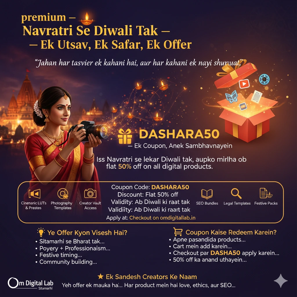 🪔 Navratri Se Diwali Tak — Ek Utsav, Ek Safar, Ek Offer “Jahan har tasveer ek kahani hai, aur har kahani ek nayi shuruaat.” Festivals are not just about lights and rituals — they are about renewal, expression, and growth. Om Digital Lab, Sitamarhi se Bharat tak, aapke liye lekar aaya hai ek aisa offer jo sirf discount nahi, ek creative revolution hai. 🎁 DASHARA50 — Ek Coupon, Anek Sambhavnayein Iss Navratri se lekar Diwali tak, aapko mil raha hai flat 50% off on all digital products. Chahe aap ek wedding filmmaker ho, ek budding photographer, ya ek digital creator — yah offer har kisi ke liye hai jo apne sapno ko sajana chahta hai. Coupon Code: DASHARA50 Discount: Flat 50% off Validity: Ab Diwali ki raat tak Apply at: Checkout on omdigitallab.in 📦 Offer Mein Kya-Kya Shamil Hai? श्रेणी विवरण 🎬 Cinematic LUTs & Presets Apne wedding films ko cinematic poetry mein badliyein 📸 Photography Templates Album layouts, branding kits, aur printable designs 📚 Creator Vault Access Reels, captions, courses, plugins, aur ek private community 🔍 SEO Bundles Metadata kits, local ranking guides, aur festive optimization packs 🧾 Legal Templates GST-ready contracts, service agreements, aur ethical publishing docs 🪔 Festive Packs Navratri reels, poetic captions, aur culturally rooted content kits 💡 Ye Offer Kyon Vishesh Hai? Sitamarhi se Bharat tak — har creator ke liye ek nayi raah Poetry + Professionalism — har product mein emotion aur ethics Festive timing — Navratri, Dashehra aur Diwali ke liye perfect launchpad Community building — aap sirf kharid nahi rahe, ek movement ka hissa ban rahe hain 🛒 Coupon Kaise Redeem Karein? Apne pasandida products browse karein Cart mein add karein Checkout par DASHARA50 apply karein 50% off ka anand uthayein — saath hi festive blessings bhi! 🌟 Ek Sandesh Creators Ke Naam Yeh offer ek mauka hai — apne reels ko upgrade karne ka, apne brand ko launch karne ka, ya kisi fellow creator ko ek bundle gift karne ka. Har product mein hai love, ethics, aur SEO — jaise har kahani mein hoti hai ek rooh. Agar aap chahein, main is blog ke liye ek Instagram carousel, WhatsApp poster, ya ek festive landing page bhi design kar sakta hoon. Aap batayein — agla kadam kya ho: visual design, email campaign, ya homepage integration?